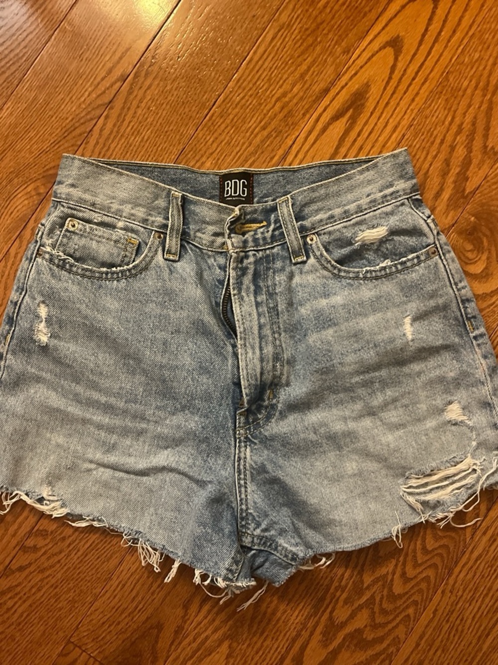 BDG Light Blue High-Rise Distressed Jean Shorts